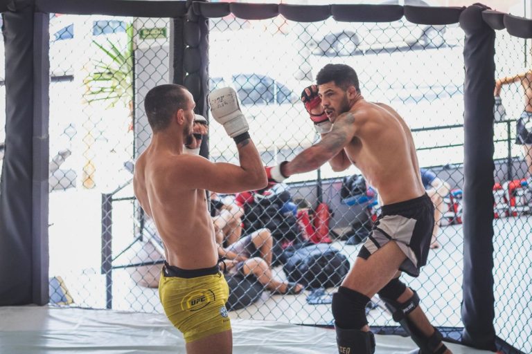 Deux combattants en gants MMA dans une cage d'entraînement