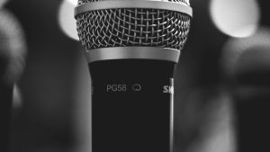 Monochrome close-up of a PG58 microphone, ideal for audio and music themes.