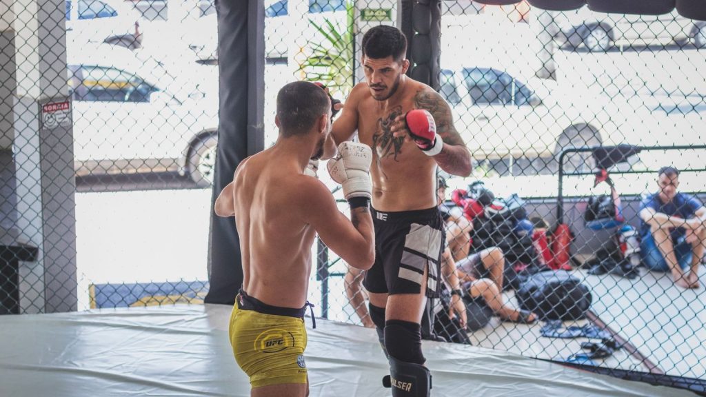 Two boxers engage in a sparring match, showcasing strength and rivalry in the ring.