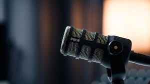 Close-up of a Rode microphone in a studio, emphasizing professional audio equipment.