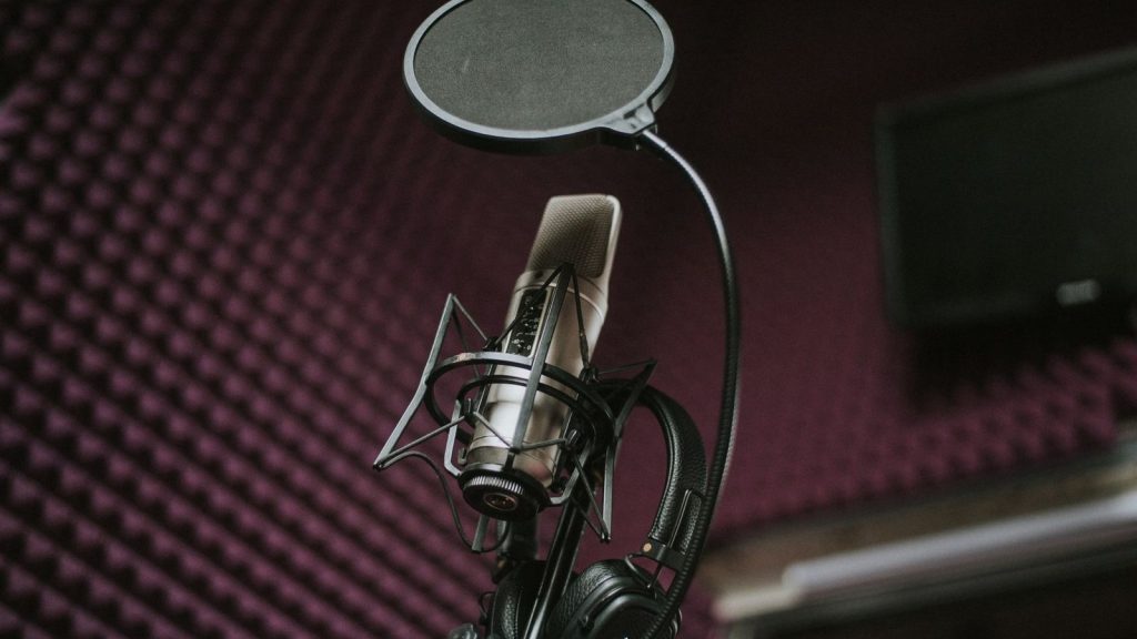 High-quality microphone and pop filter setup in a soundproof music studio.