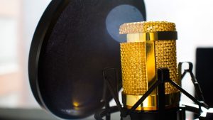 Close-up of a gold studio microphone with pop filter, ideal for recording and broadcasting.