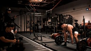 Muscular man performs deadlift in a gym with film crew documenting, showcasing strength and focus.