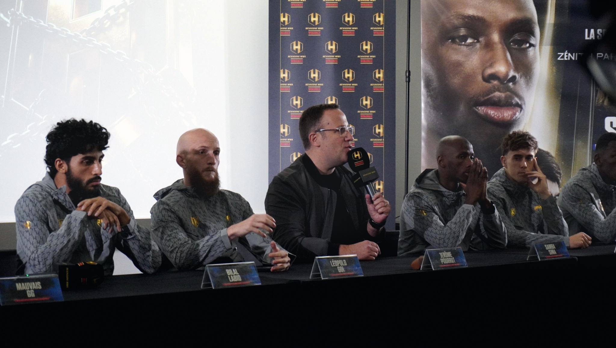 Léopold Goi, Jérôme Pourrut et Samba Sima à la conférence de presse de l'Hexagone MMA 48