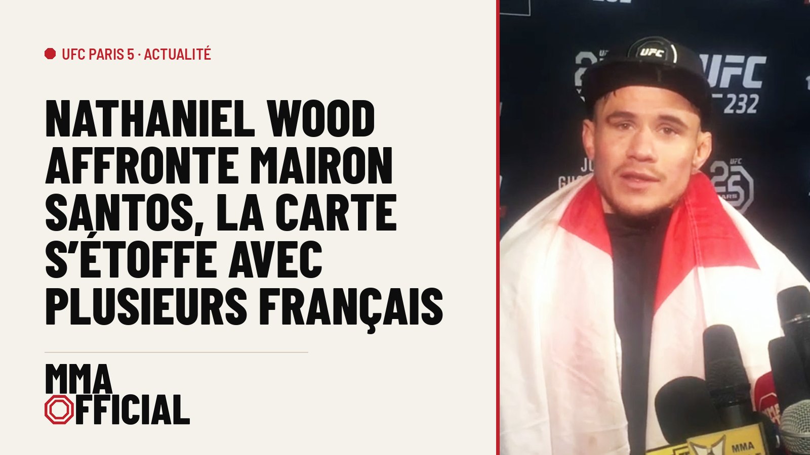 UFC Paris 5 : Nathaniel Wood affronte Mairon Santos, la carte s'étoffe avec plusieurs Français