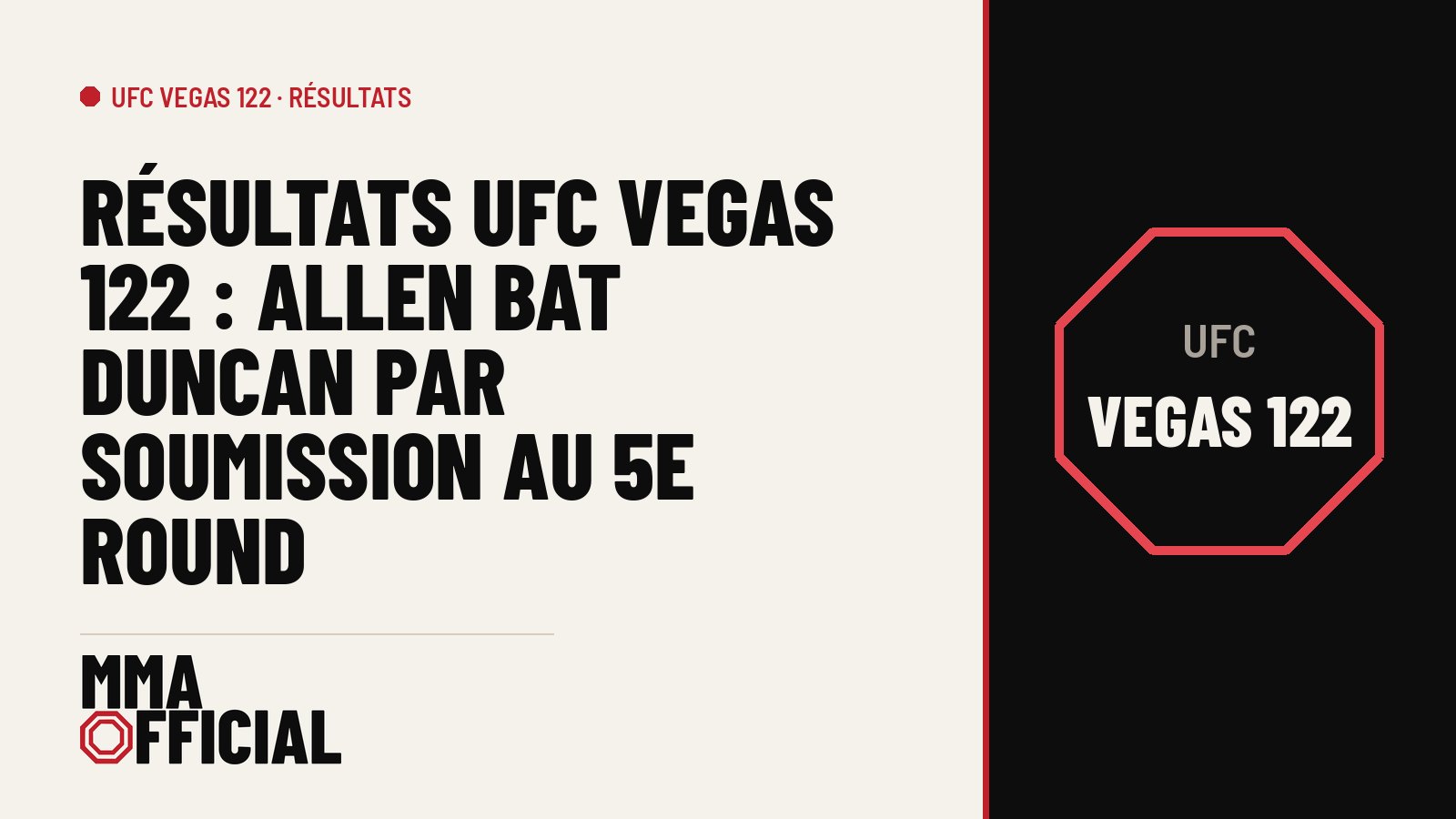 Résultats UFC Vegas 122 : Allen bat Duncan par soumission au 5e round